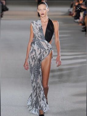 Asymmetrical Black Halter & White Snake-Print Maxi Dress